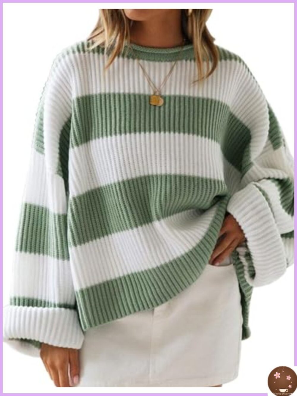 Women's Striped Oversized Knit Pullover Sweater Fall Winter Long Sleeve